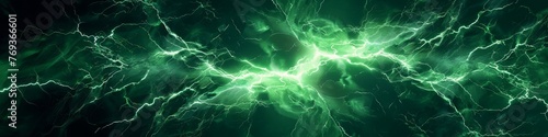 Vivid green lightning tendrils crackle with energy against a dark background, wallpaper, banner