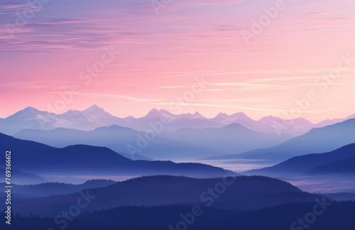 Blue mountains landscape abstract background. Morning wood panorama, pine trees and mountains silhouettes. © ribelco