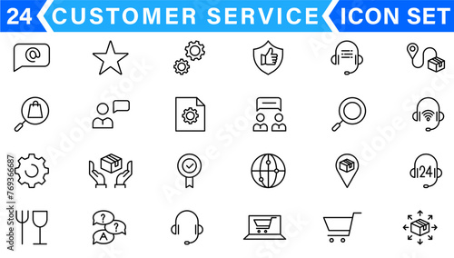 Line icons related to customer experience, client satisfaction, review, feedback. Outline icon collection. Editable stroke. Vector illustration