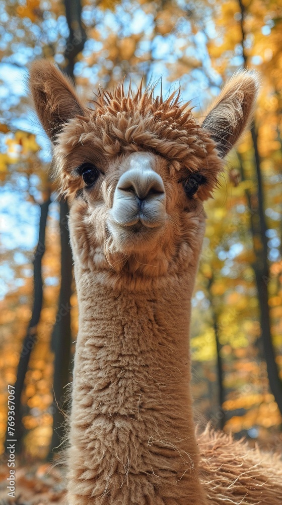 Close-Up Portrait of a Young Alpaca with Sunlit Fur in a Peaceful Rural Setting