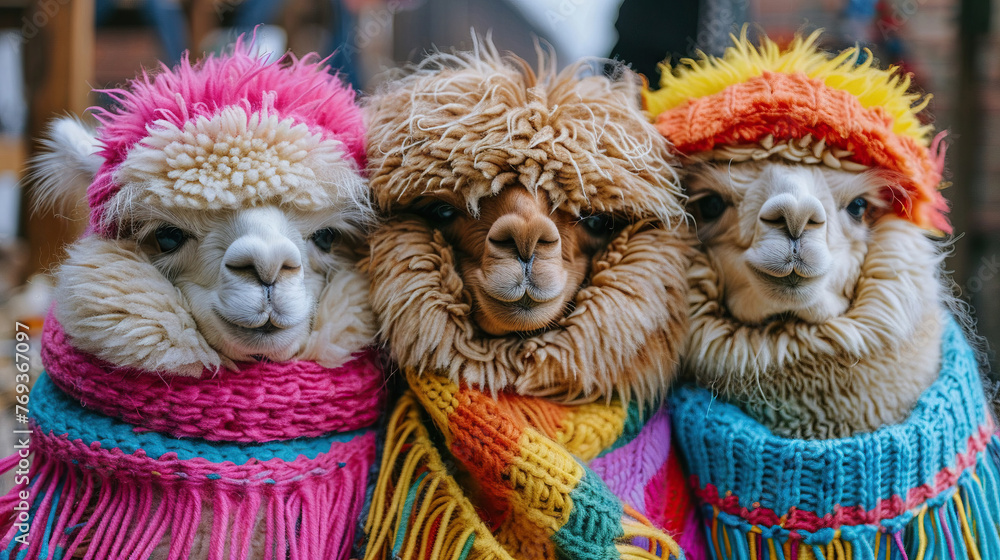 Fototapeta premium Three Adorable Alpacas Dressed in Colorful Knitwear Hats and Scarves, Creative Assembly, Vibrant Rainbow Clothes