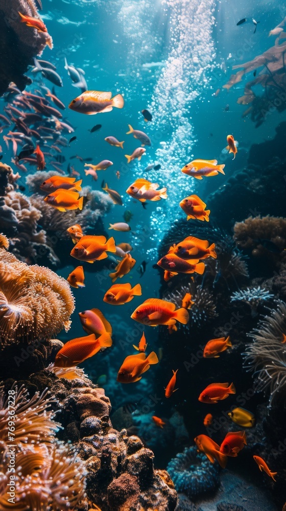 Fototapeta premium A large group of fish gracefully swim over a vibrant coral reef in an aquarium setting.