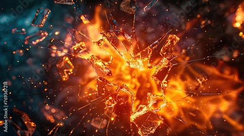 Smashed mirror exploding into fire, bright flames, sharp fragments, powerful destruction, 3D style