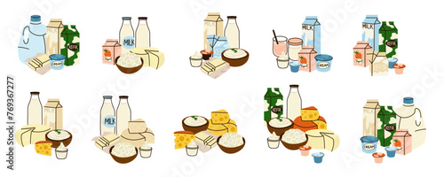 Dairy products set. Milk, kefir and yogurt, cardboard packaging containers, glass bottle. Different cheese, butter and cream. Organic farm healthy food. Vector cartoon flat isolated illustration