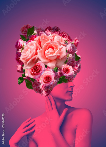 Abstract contemporary art design or portrait of young woman with flowers on face hides her eyes © Solarisys