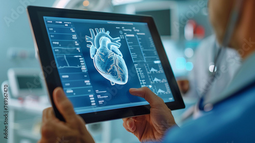 A doctor is holding a tablet that displays a heart. The image is in blue and white and he is a medical image