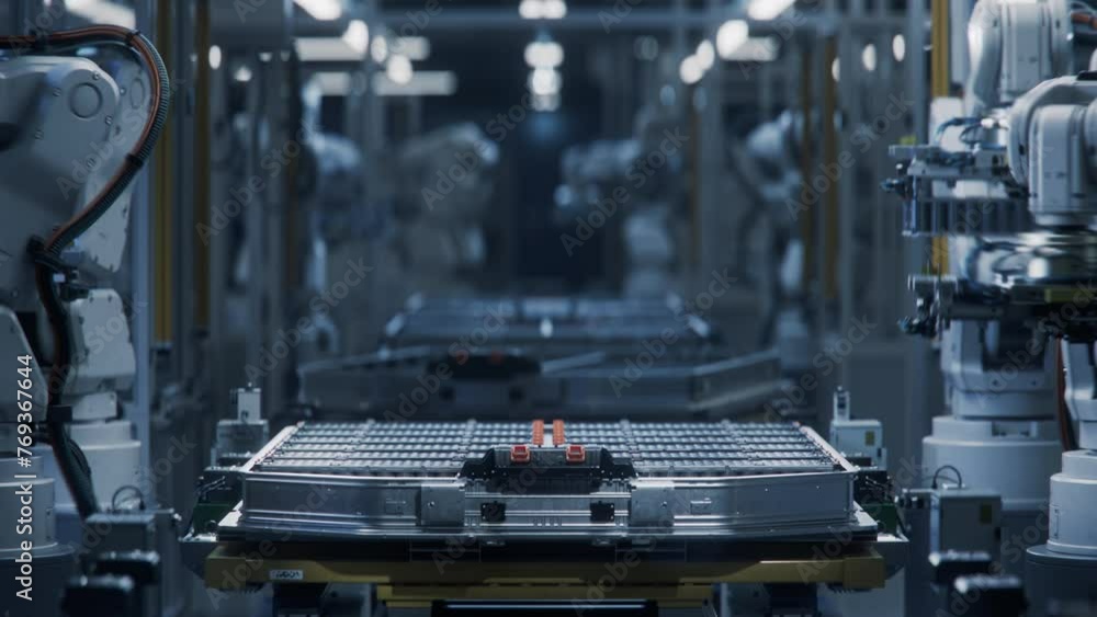 Timelapse of Automated Manufacturing Line with White Robotic Arms