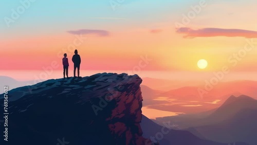 Two siblings stand triumphantly on a flat rock at the peak of a mountain gazing out at the horizon with pure joy on their faces. Their parents stand a few feet away beaming photo