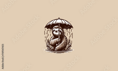 sloth with umbrella rain vector logo design