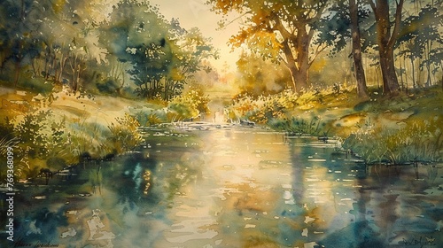 Springtime river  serene watercolors