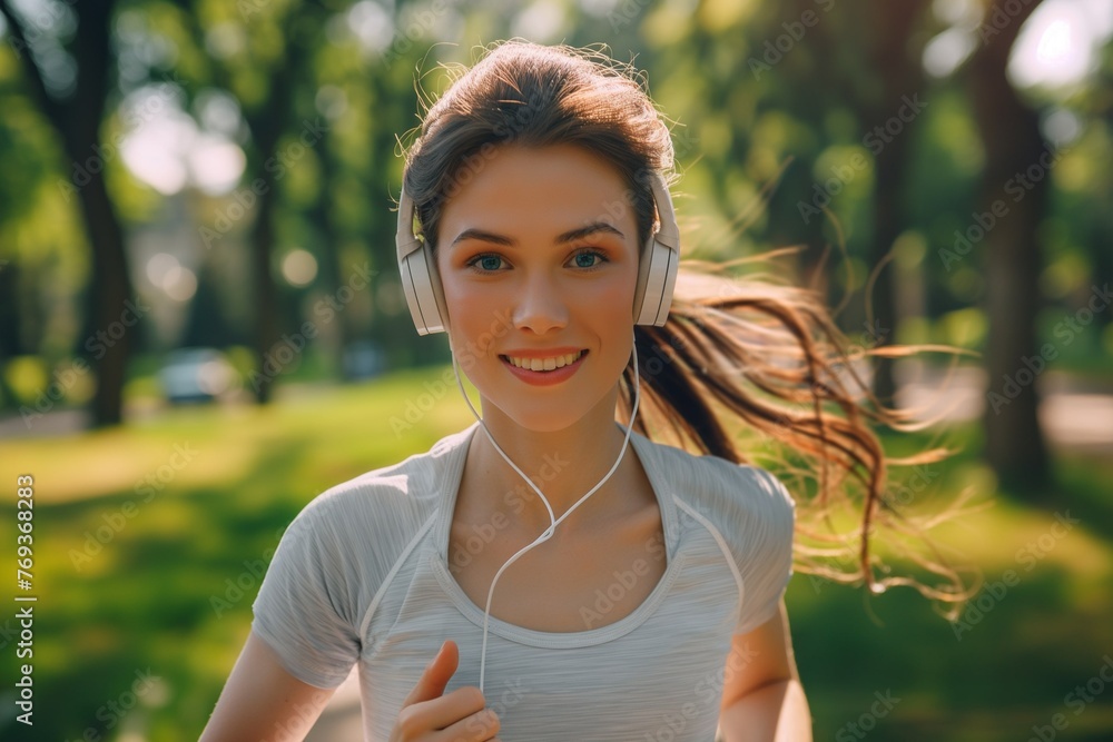 Athletic beautiful young woman in headphones doing sports, morning jog in a sunny summer park Athletic beautiful young woman in headphones doing sports, morning jog in a sunny summer park