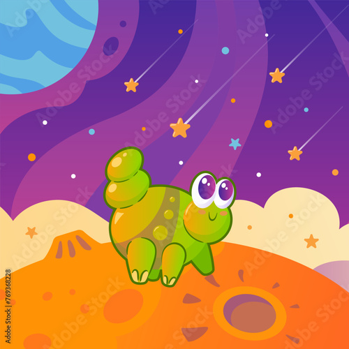 Cute green alien that looks like a caterpillar among planets and stars. Space landscape. Childrens cartoon illustration in vintage style. Space flights, the future. For posters, banners, design
