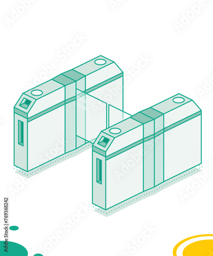 Isometric turnstile. Subway station or airport security element. Entrance gates. Access control equipment. Outline design element.