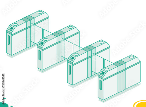 Isometric four turnstiles. Subway station or airport security element. Entrance gates. Access control equipment. Outline design element.