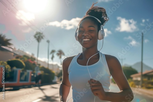 Athletic beautiful young black woman with headphones doing sports, morning jog on the street, smiling running girl