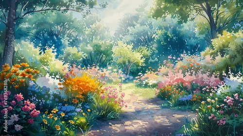 Spring garden in bloom, watercolor style