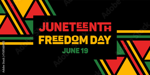 Juneteenth. Freedom Day. Horizontal bright banner. Lettering, ethnic abstract pattern. US federal holiday. Slavery Abolition. African American Heritage and Culture. The concept, struggle for equality
