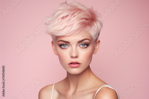 Studio portrait of beautiful fashion blonde woman with white short hair