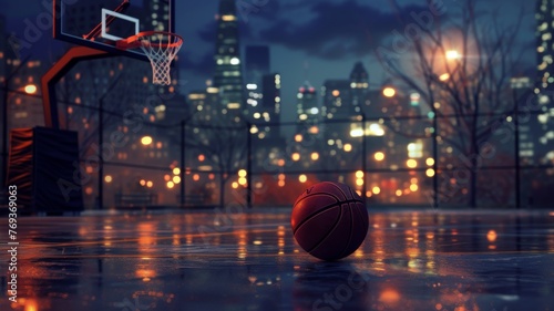 Basketball resting on wet court at night - A solitary basketball lies on the reflective surface of a wet outdoor court against a city backdrop photo