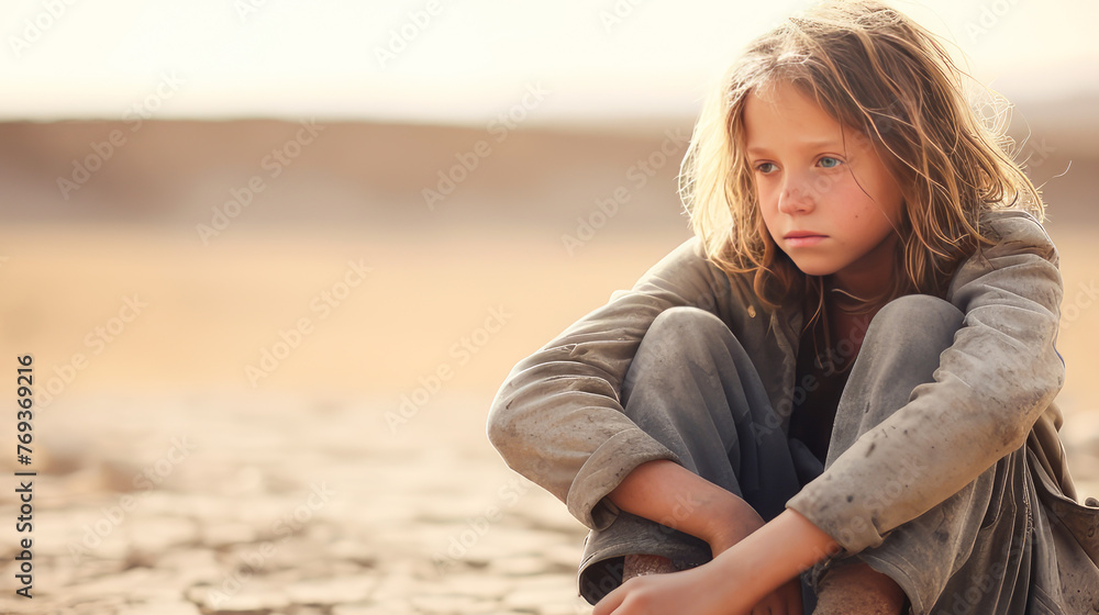 A poor, beggar, hungry, dirty Caucasian child boy, sitting on the ground cracked by drought. A poor, beggar, hungry, dirty Caucasian child boy, sitting on the ground cracked by drought.