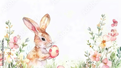 Easter holiday watercolor illustration with cute baby rabbit or bunny, hand painted style Easter background or greeting card, AI generated