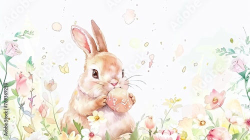 Easter holiday watercolor illustration with cute baby rabbit or bunny, hand painted style Easter background or greeting card, AI generated