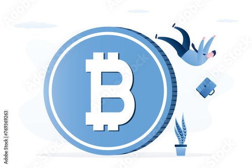 Financial cryptocurrency instability concept. Uncertainty or unstable investment crypto market, risky situation, economic crisis businessman investor falling from unstable bitcoin