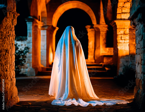 The castle ghost in a white sheet wanders near the old castle.