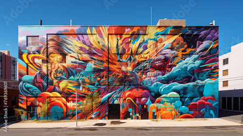 A sprawling street art mural adorned with vibrant graffiti-style lettering, pulsating with energy and vitality against the backdrop of a bustling cityscape.