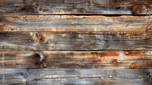 A detailed view of aged barnwood planks forming a rustic and weathered wooden wall, background, wallpaper
