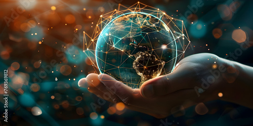  View of a Businessman holding a 3d rendering globe with network connections, Abstract Palm Hands Connecting Global Networks: Innovative Technology in Science and Communication Concept