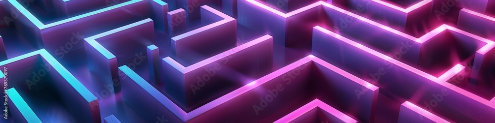 A complex maze of purple and blue pathways set against a dark black backdrop, creating a mysterious and futuristic atmosphere, background, wallpaper, banner A complex maze of purple and blue pathways set against a dark black backdrop, creating a mysterious and futuristic atmosphere, background, wallpaper, banner