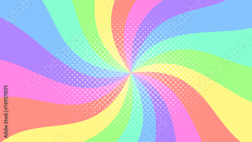 レトロなラジアル、旋回、くるくる、カーブのサンバースト背景_カラフルレインボー