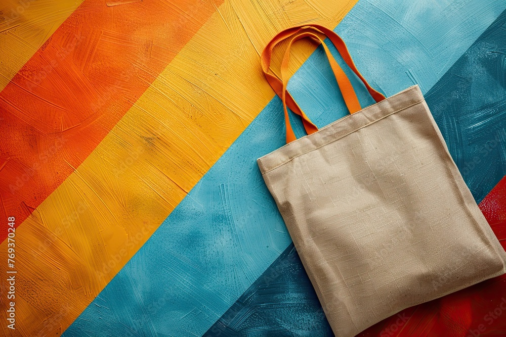 Mockup of white blank canvas tote bag with vivid abstract background, eco textile shopping sack with copy space, AI generated