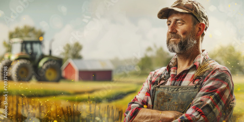 Serene Farmer Overlooking Harvested Field A contemplative man in plaid stands with folded arms, gazing over a freshly harvested field, tractor and farm buildings in the distance.