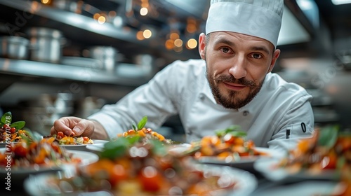 Professional chef meticulously garnishing dishes in a restaurant kitchen