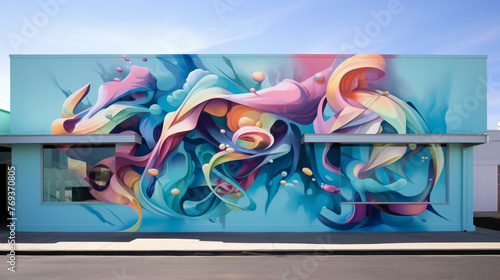 A street art mural alive with movement and expression, featuring bold graffiti-style lettering and dynamic abstract forms that invite viewers to explore and engage with their surroundings. photo