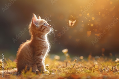 Adorable kitten gazing at a butterfly on a sunny field with warm light