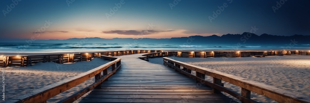 Beautiful panoramic night beach landscape with wooden path nature banner poster background backdrop from Generative AI