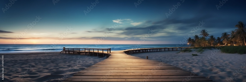 Beautiful panoramic night beach landscape with wooden path nature banner poster background backdrop from Generative AI