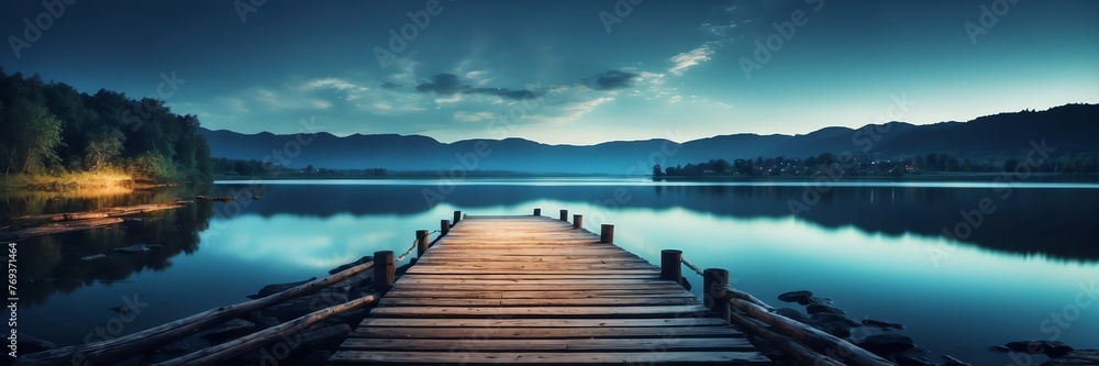Beautiful panoramic night lake landscape with wooden path nature banner poster background backdrop from Generative AI