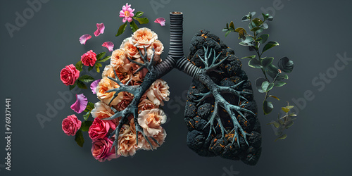 creative image of the lungs. one half with flowers and leaves, and the other black and with tobacco.. no smoking. generative ai  photo