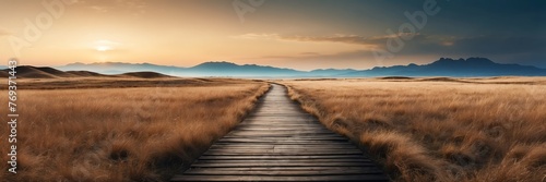 Beautiful panoramic night dried grass lands landscape with wooden path nature banner poster background backdrop from Generative AI