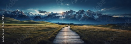 Beautiful panoramic night mountain landscape with wooden path nature banner poster background backdrop from Generative AI