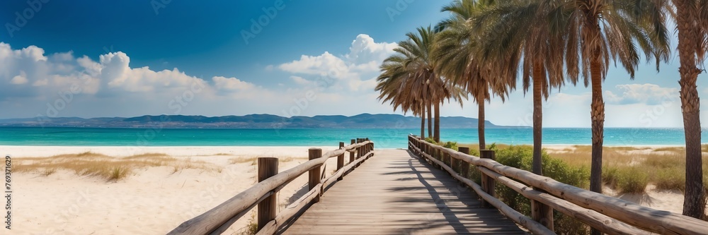 Beautiful panoramic sunny beach landscape with wooden path nature banner poster background backdrop from Generative AI