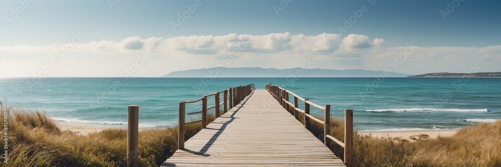 Beautiful panoramic sunny coastal landscape with wooden path nature banner poster background backdrop from Generative AI