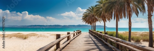 Beautiful panoramic sunny beach landscape with wooden path nature banner poster background backdrop from Generative AI © SevenThreeSky