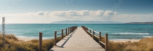 Beautiful panoramic sunny coastal landscape with wooden path nature banner poster background backdrop from Generative AI