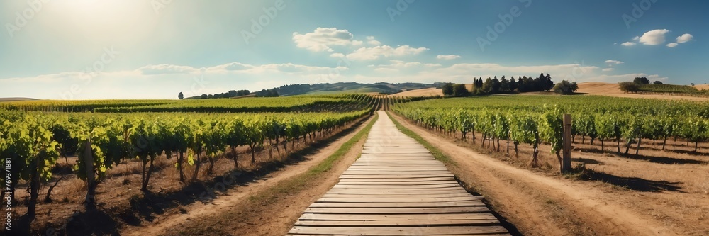 Beautiful panoramic sunny vineyard landscape with wooden path nature banner poster background backdrop from Generative AI