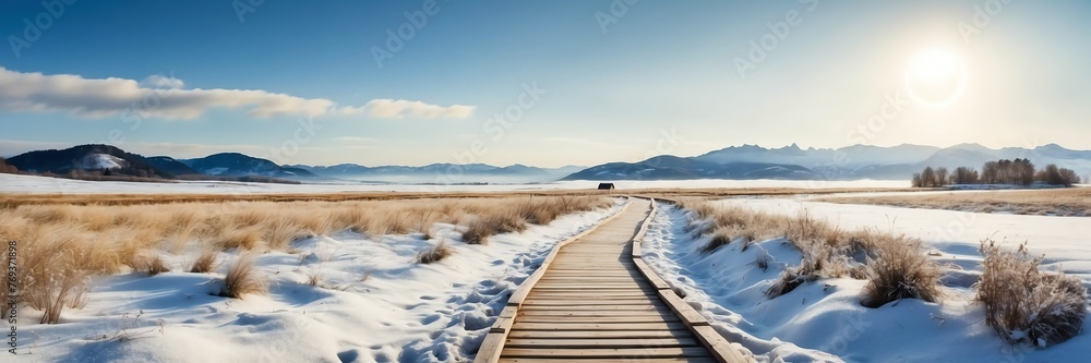 Beautiful panoramic sunny winter landscape with wooden path nature banner poster background backdrop from Generative AI